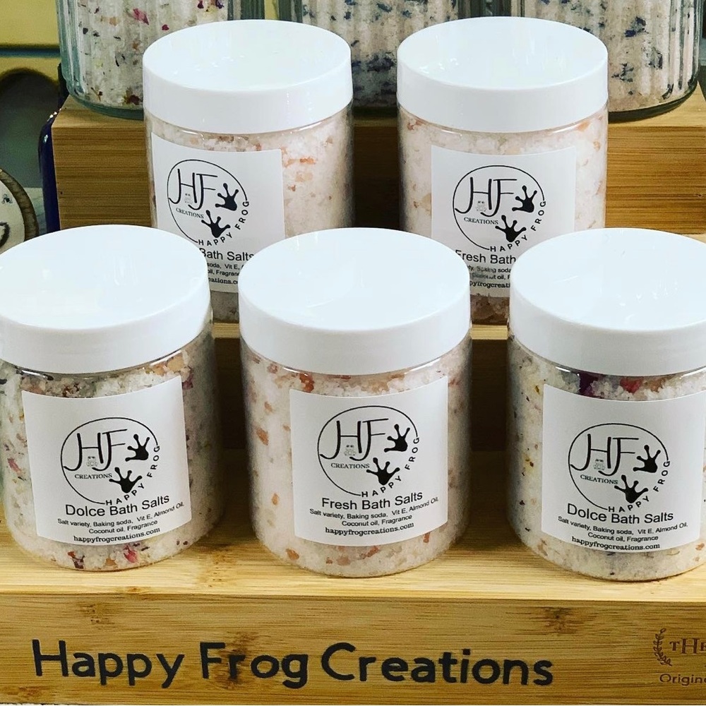 Custom bath salts infused with natural oils in designer fragrances.